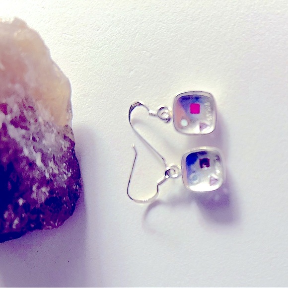 NWOT .925 Sterling Silver Modernist earrings Garnet, Amethyst, Blue Topaz inlaid - Picture 6 of 8